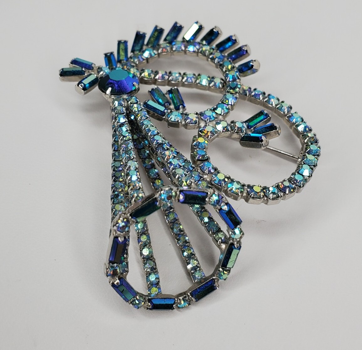 Vintage Hobe Brooch Peacock Blue AB Stones Baguettes Silver Tone 3D Signed