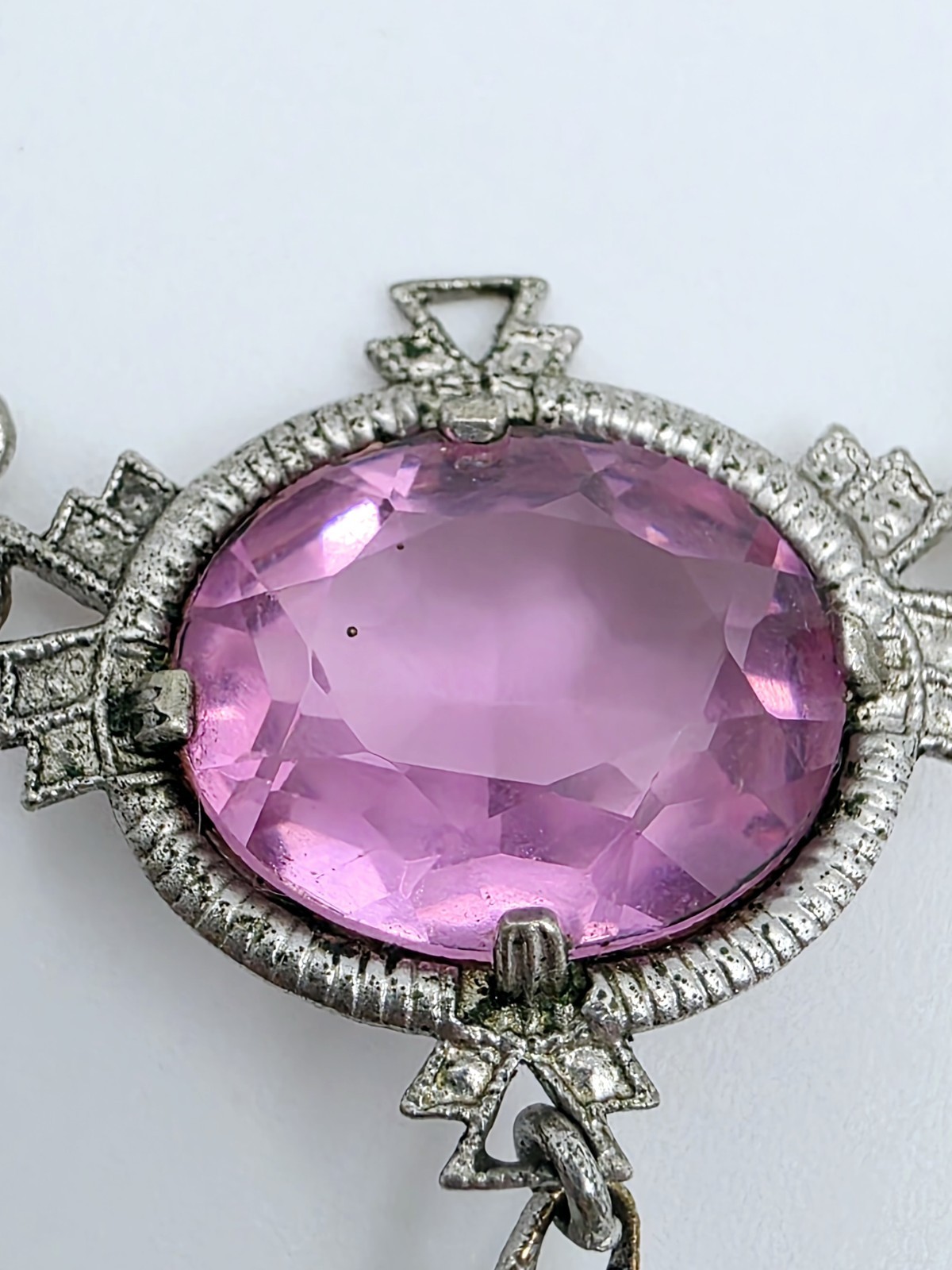 Antique Art Deco Lavalier Pendant Necklace Pink Glass Filigree Edwardian