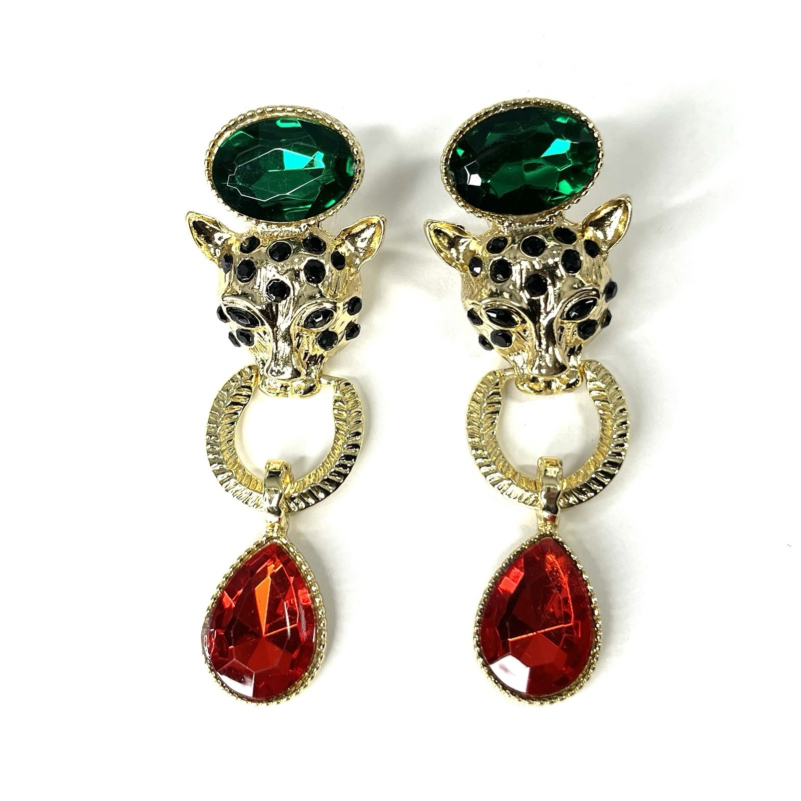 Gold Tone Lion Door Knocker Earrings Pierced Jaguar Cat Red Green Statement Drop