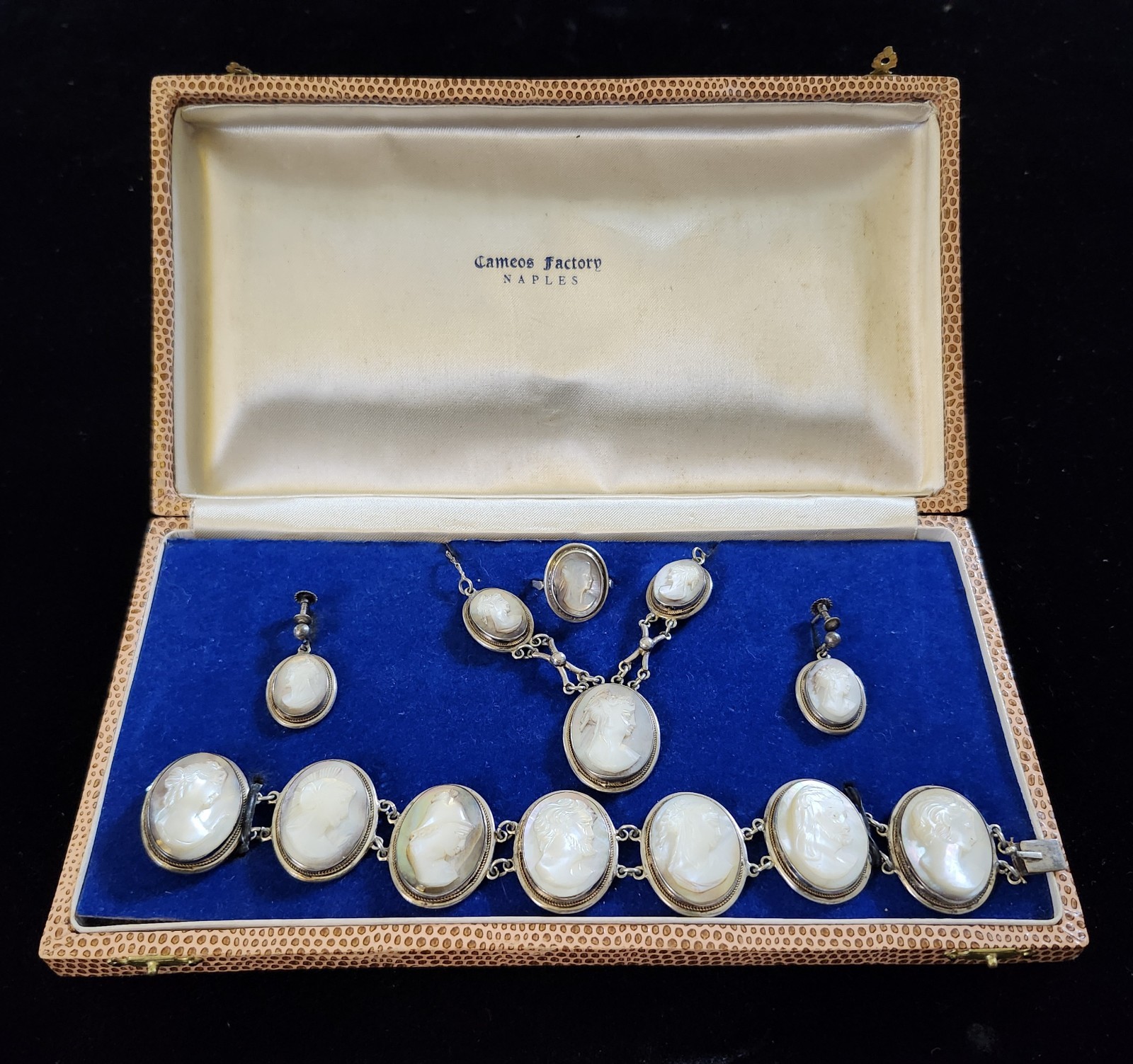 Vintage 800 Silver Naples Italy Cameo Necklace, Earrings, Ring and Bracelet Set