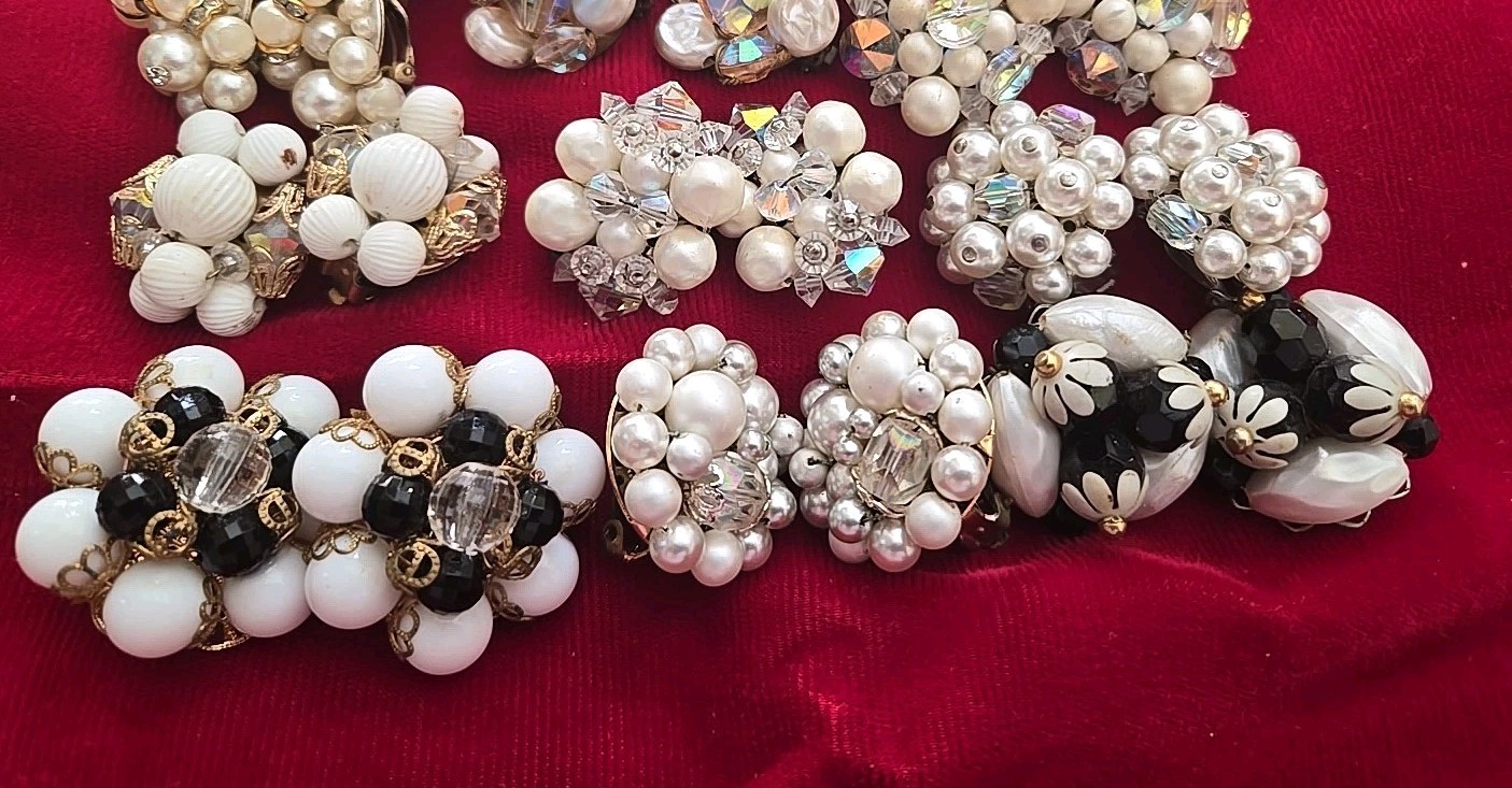 Vtg Fancy Cluster White Beaded Clip Earring Lot Hong Kong Japan