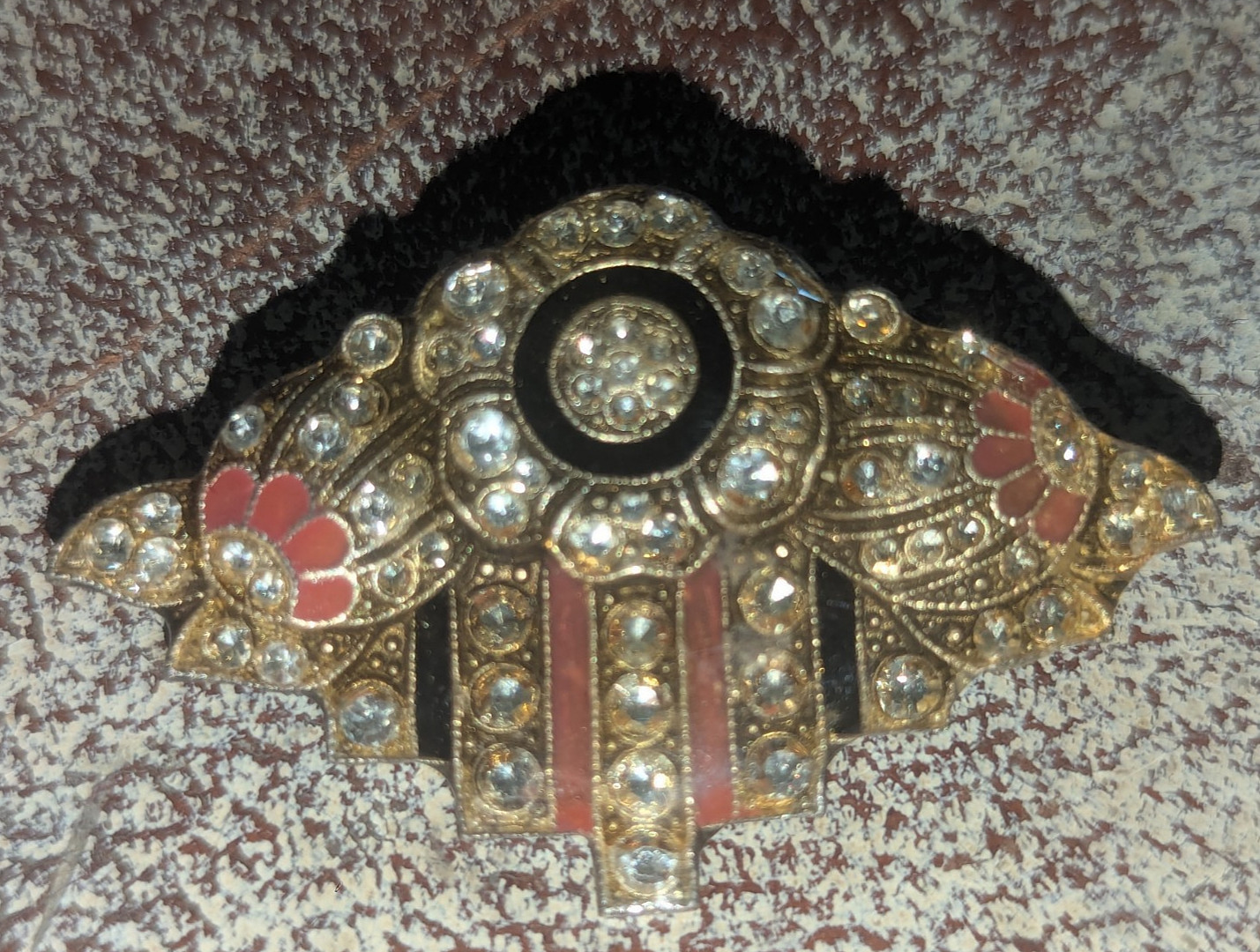 Vintage Pierre Bex French Brooch Pin Enamel Rhinestone Art Deco Trumbone Clasp
