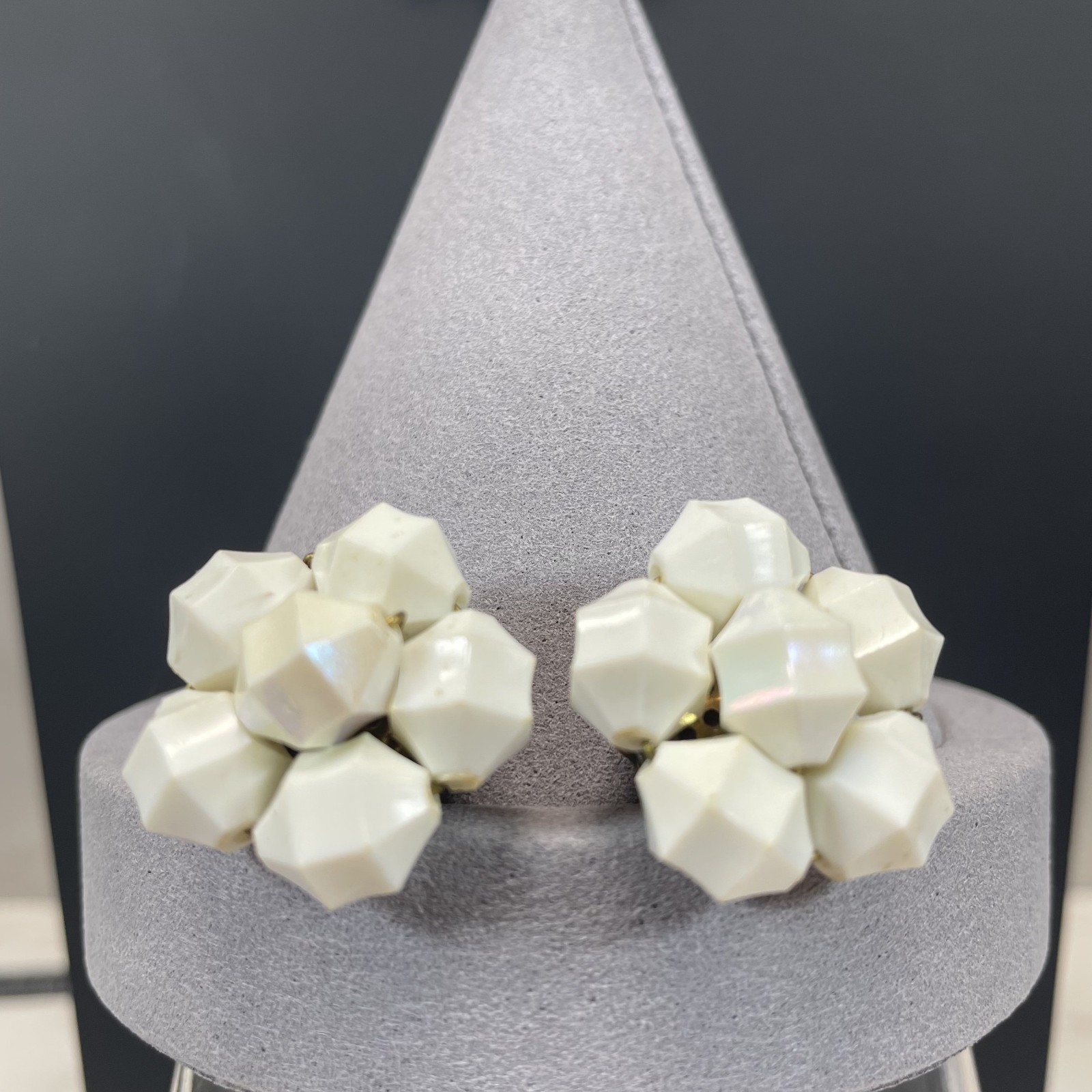 West Germany Lucite White Aurora Borealis Beads Necklace & Clip on Earrings