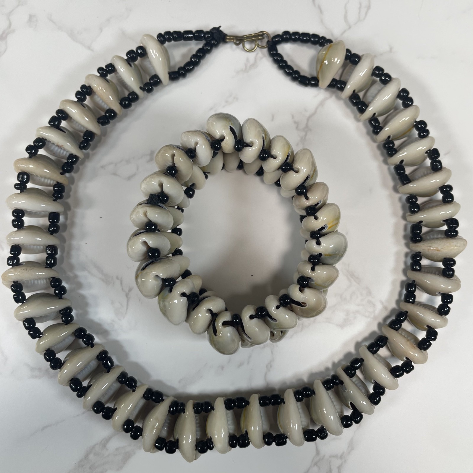 African Handmade Bold Cowrie Shells & Black Accent Beads Necklace & Bracelet