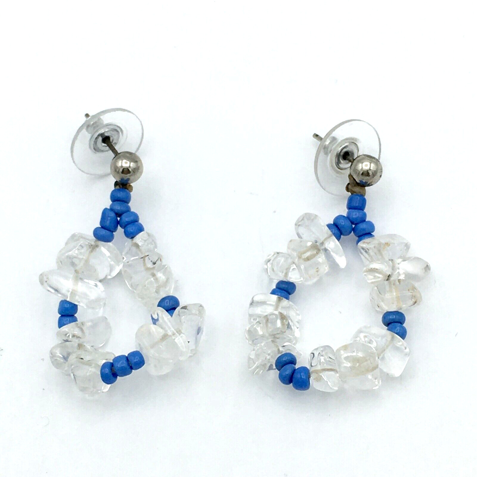 QUARTZ jewelry set – necklace & earrings -clear stone chips & blue glass beads