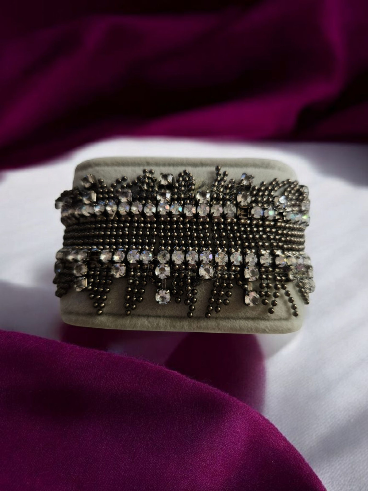 Vintage Gunmetal Dark Grey Beaded & Rhinestone Stretch Bracelet ~ 1.5″ Wide