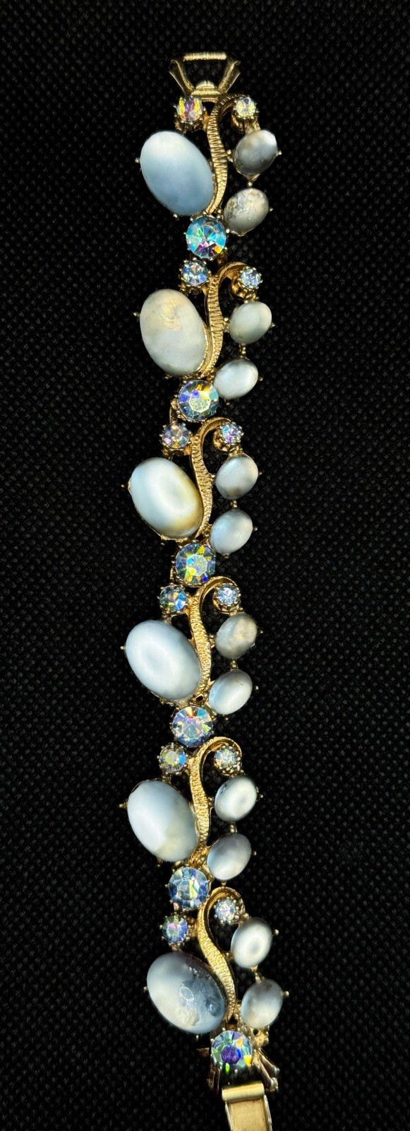 Vintage Blue Moonstone Cabochon Bracelet AB Rhinestones Gold Tone Mid Century
