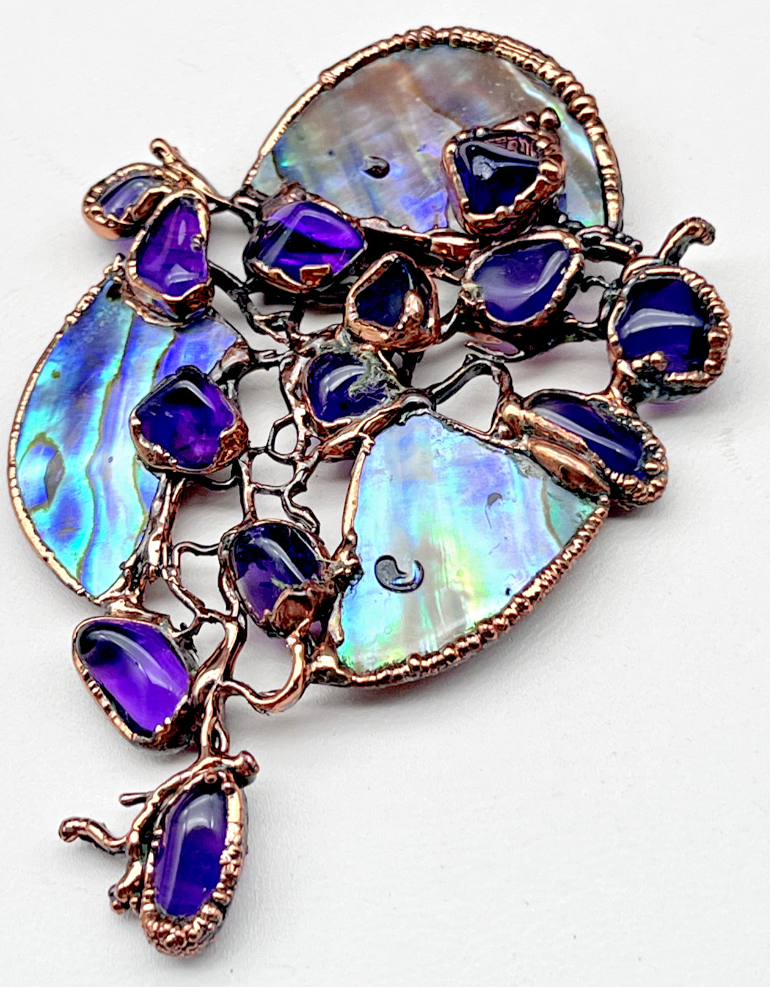 Artisan LG Purple Amethyst Stone Abalone Shell Copper Bezel Set Pendant Handmade