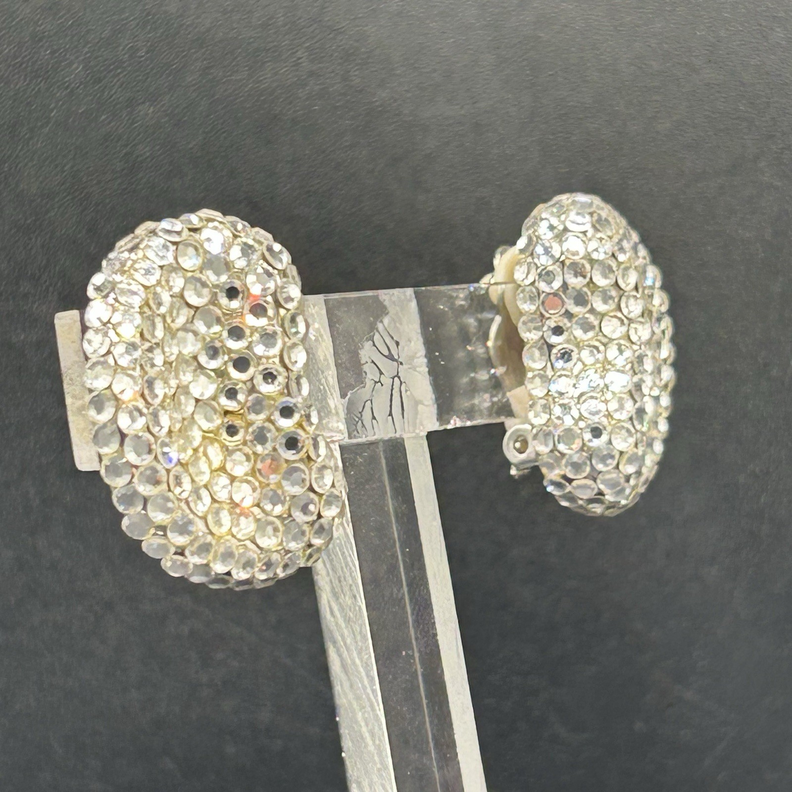 Vintage 80s 90s Rhinestone Clip On Earrings Silver Tone Clear Pave NOS