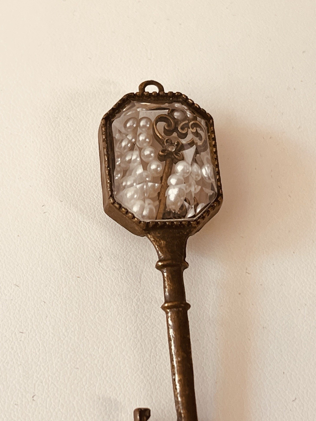 Vintage Key Charm Pendant Faceted Crystal Faux Pearl Shadow Box Victorian Style