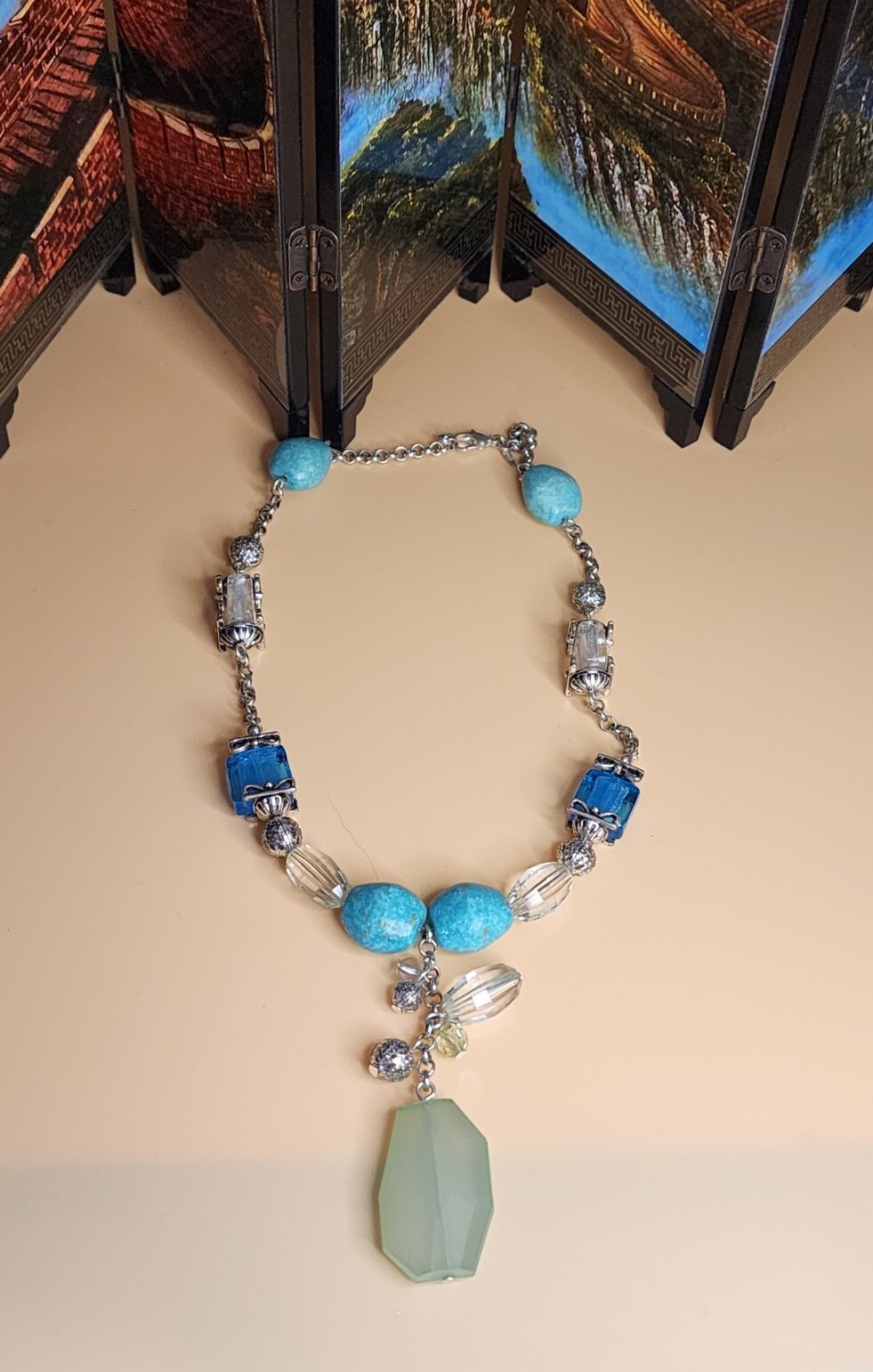 Vintage NINA RICCI Necklace Green Faceted Lucite Blue Glass Pendant 18″Avon