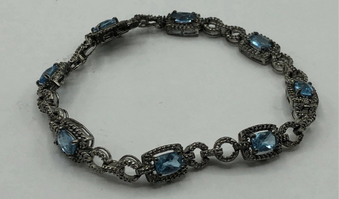 Sterling Silver 925 Aquamarine Link Bracelet Vintage Art Deco Style 7.5″