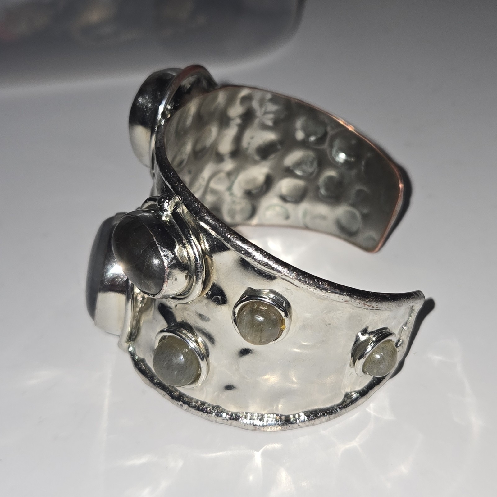 Vtg Metal Cuff Bracelet Labradorite Stones Brutalist Art Adjustable Bold Design