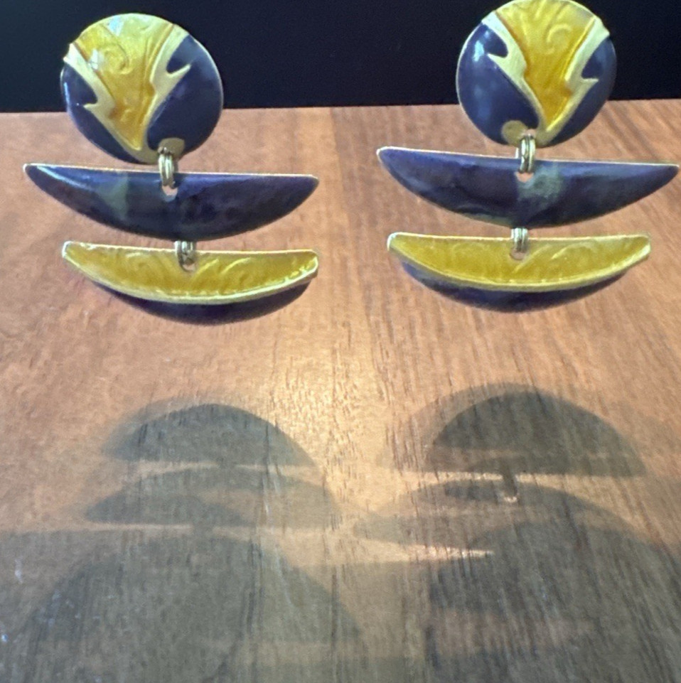 Edgar Berebi Enamel Dangle Earrings – Sculptural Modernist Gold Tone Vintage