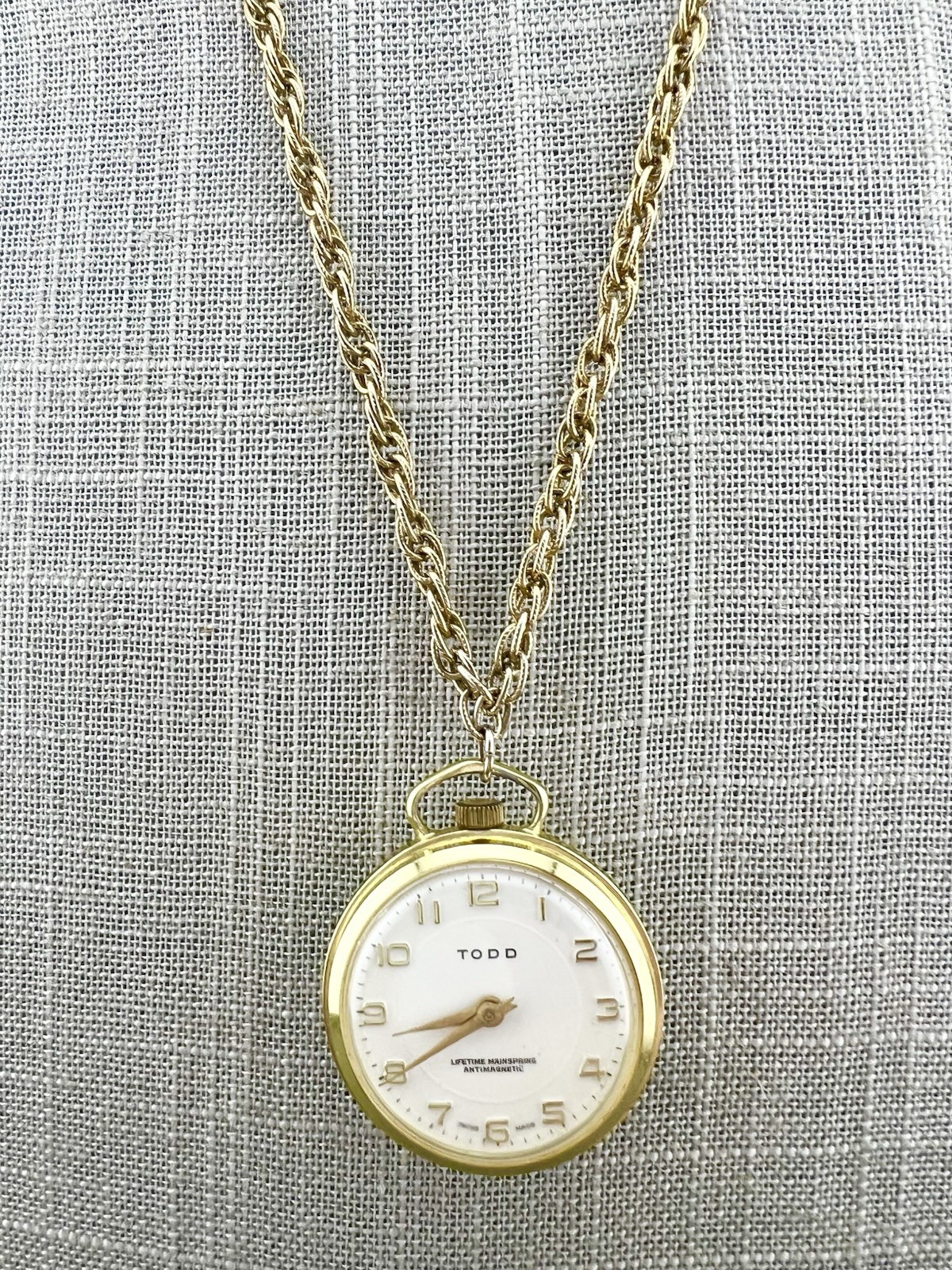 Vintage TODD Watch Necklace Atomic Mother of Pearl Mechanical Gold Tone 23”