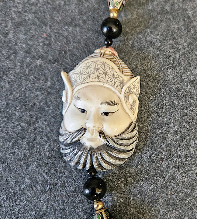 Vintage Japanese Men-Netsuke Mask Statement Necklace – Cloisonné Accents