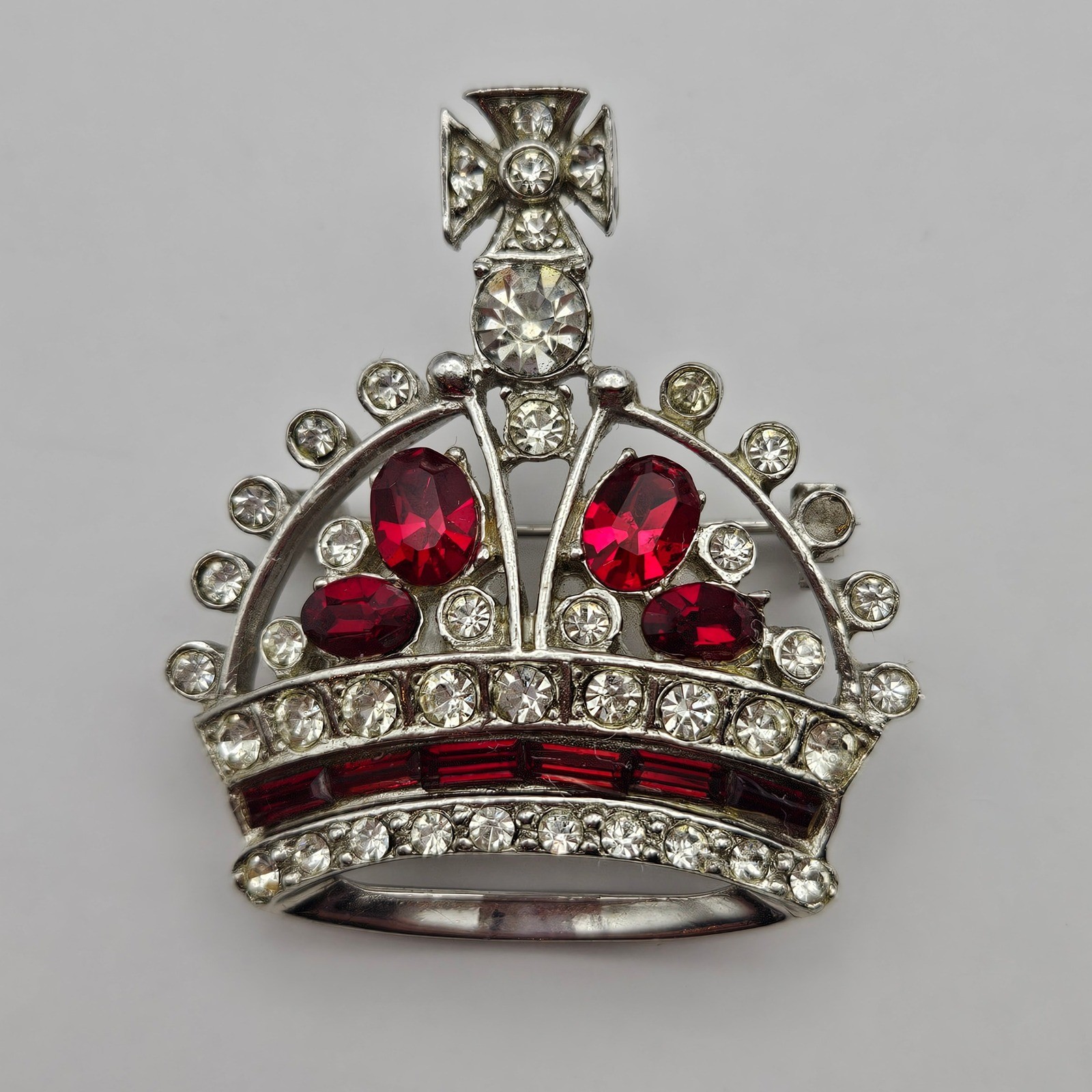 Vintage Silver Tone Red Clear Rhinestone Imperial Crown Brooch Pin Cross