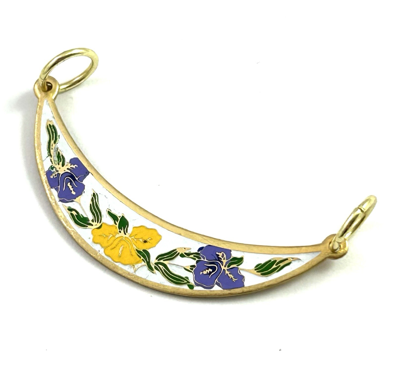 Vintage Pendant Enamel Flower Crescent Moon Jewelry Gold Plated Double Loop