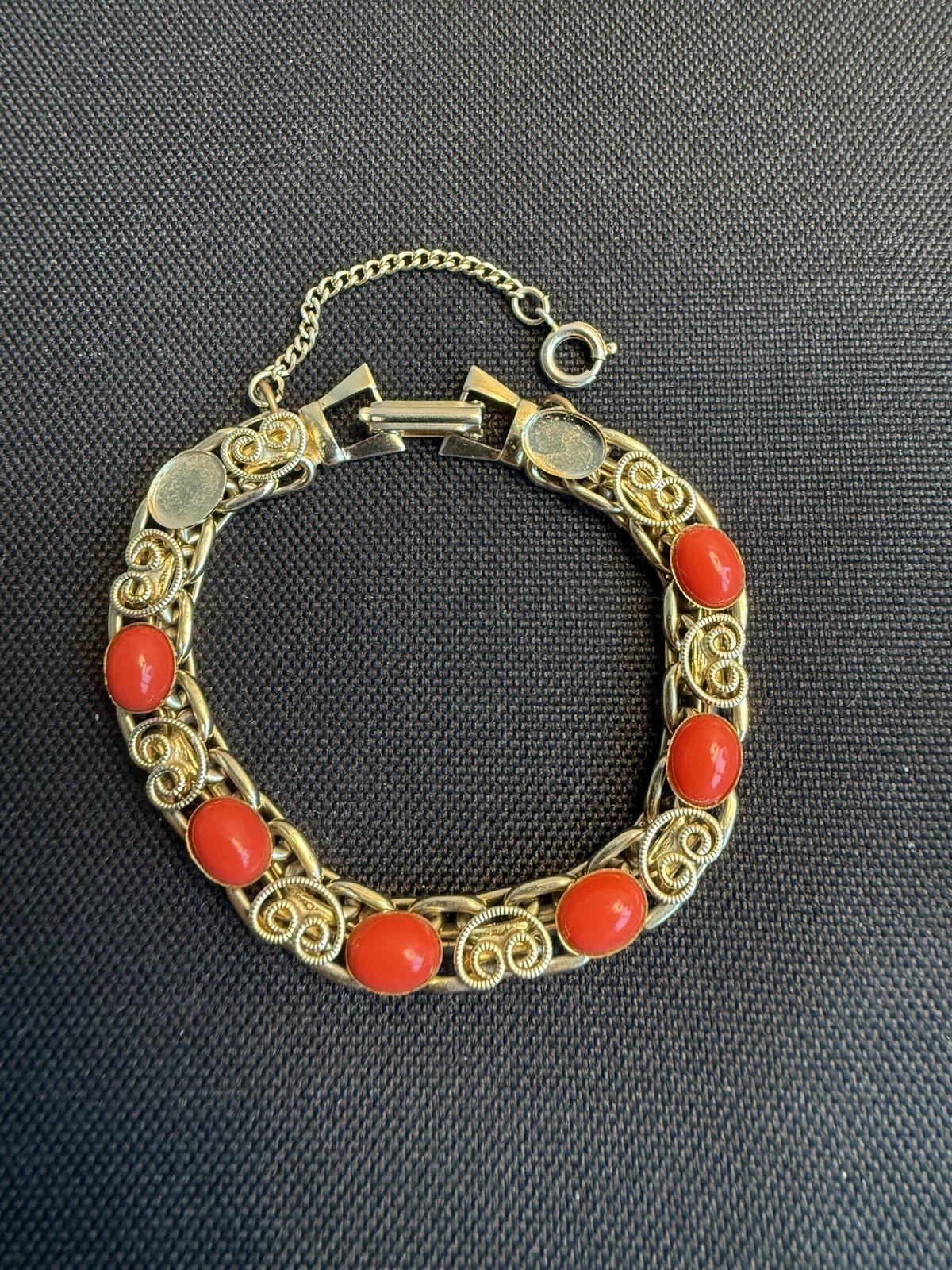 Vintage Gold-Tone Bracelet with Faux Coral Cabochons – Ornate Mid-Century Design