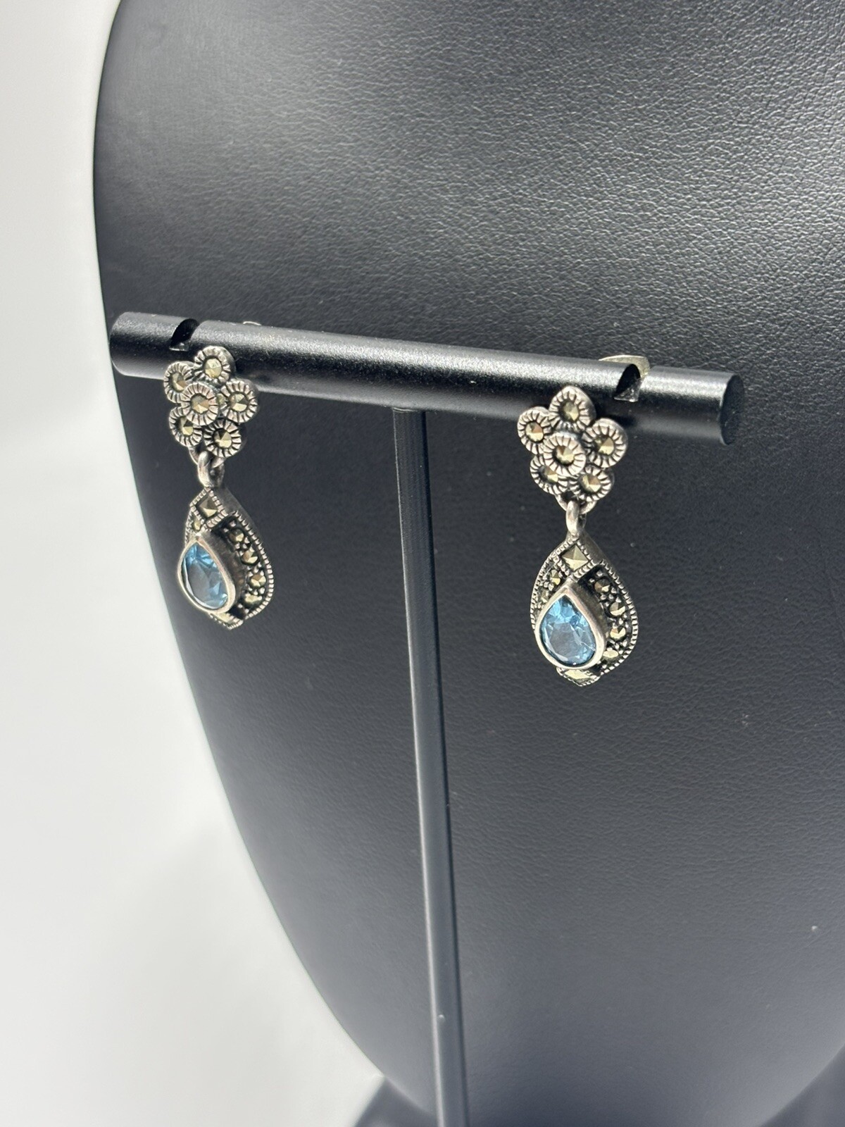 Vintage Blue Topaz Marcasite Sterling Silver Earrings Stud 925