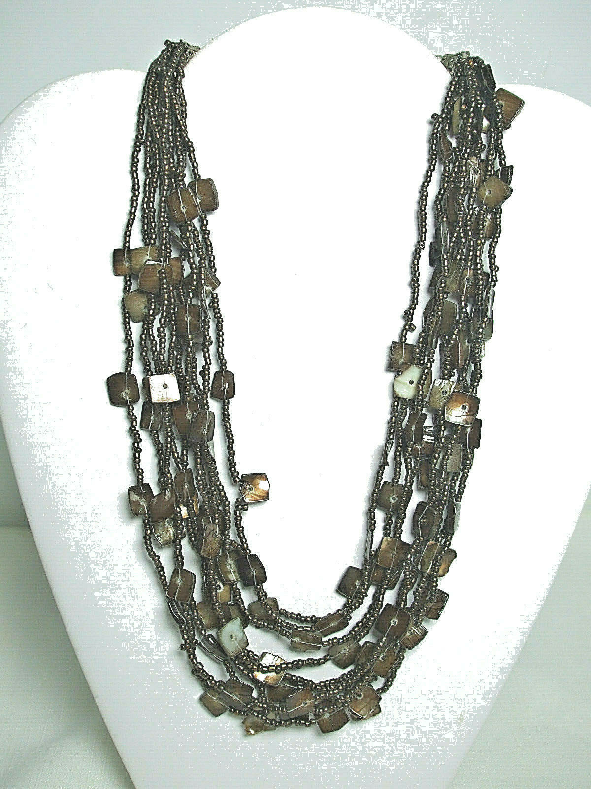 Vintage Necklace Small Bronze Color Multi Strand Beads with Square Spacers 17″