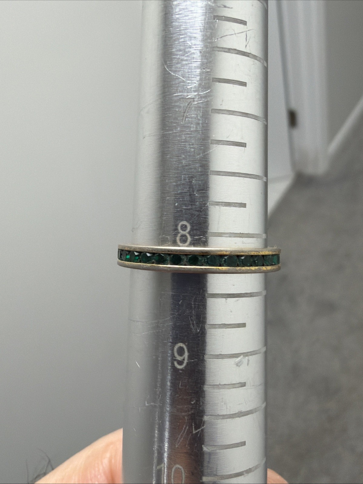 Vintage Gold Plated 3mm Stackable Green Eternity Band Rhinestone Ring 8, 8.25