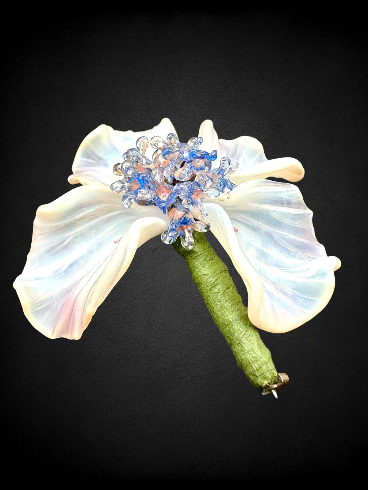 Large French Studio Art Glass Orchid Flower Brooch Opalescent Petals Lampwork