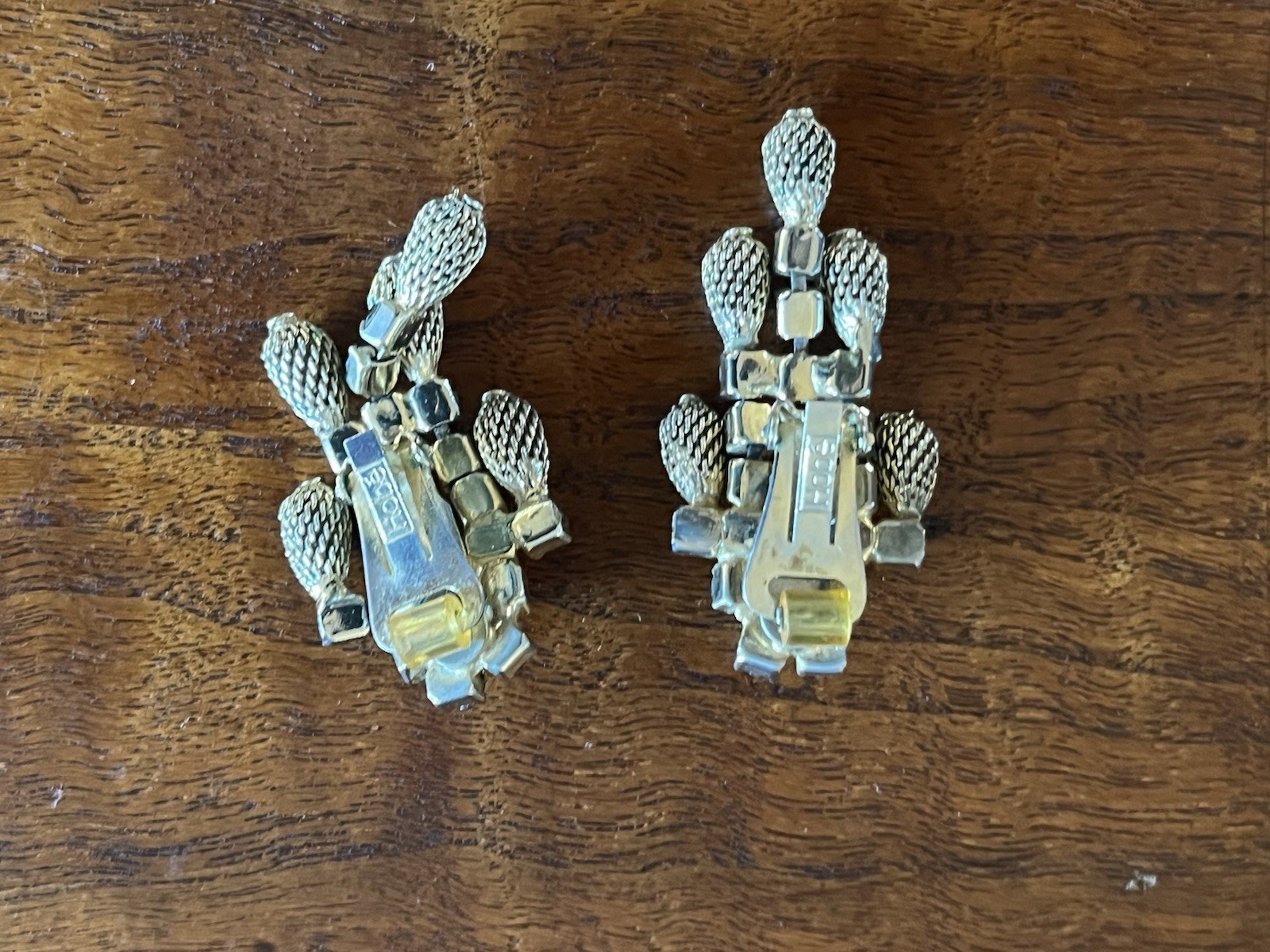 Vintage Signed HOBE Gold & Silver Plate Dangle Black Colored Rhinestone Earrings