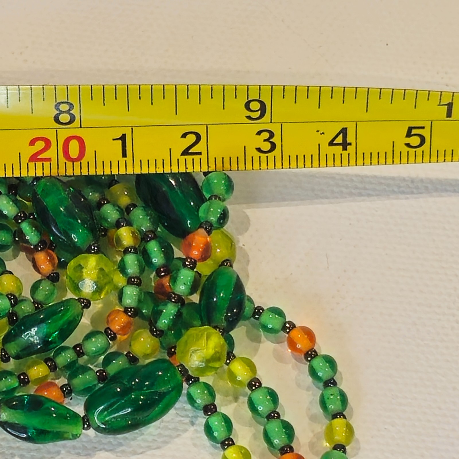 VTG Multi‑Strand Green Glass Bead Necklace Hand‑Strung Orange Yellow Accents