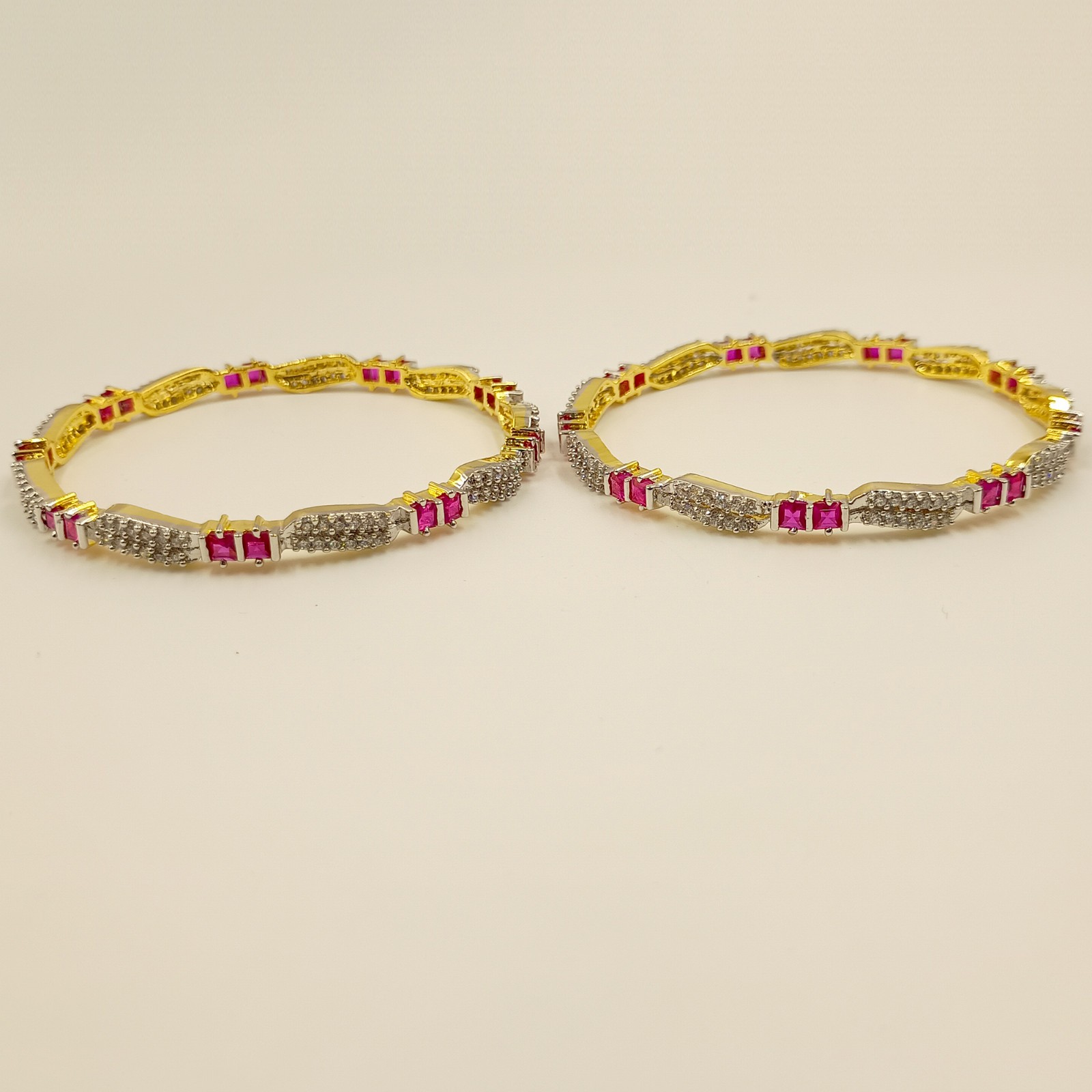 Designer Ruby & Cubic Zirconia Bangle Set Handmade 22K Gold Plated Ethnic Style