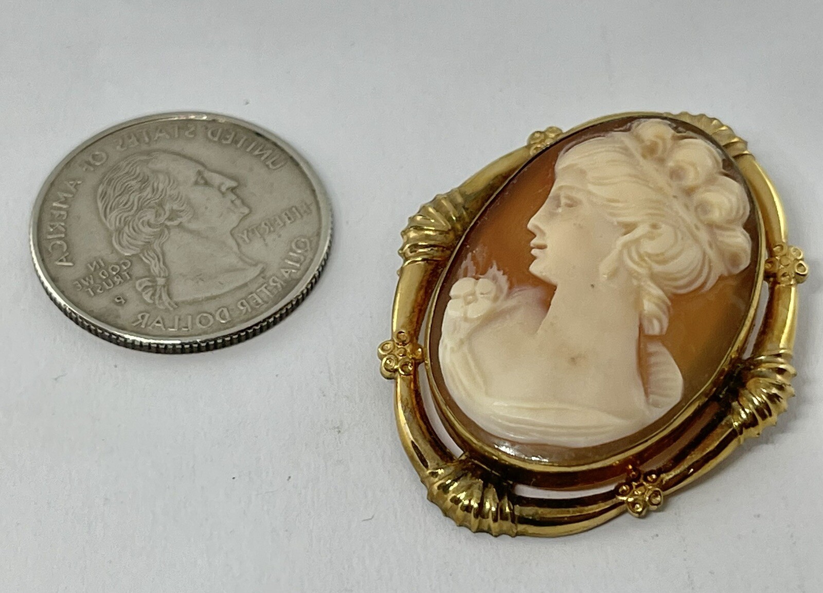 Vintage Gold Filled Carved Shell Lady CAMEO Left Facing Ornate Frame Brooch