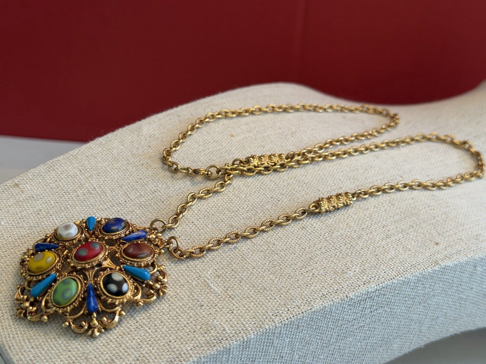 Vtg. Florenza Ornate Gold Tone Multi Color Cabochon Pendant Necklace 24” BinR