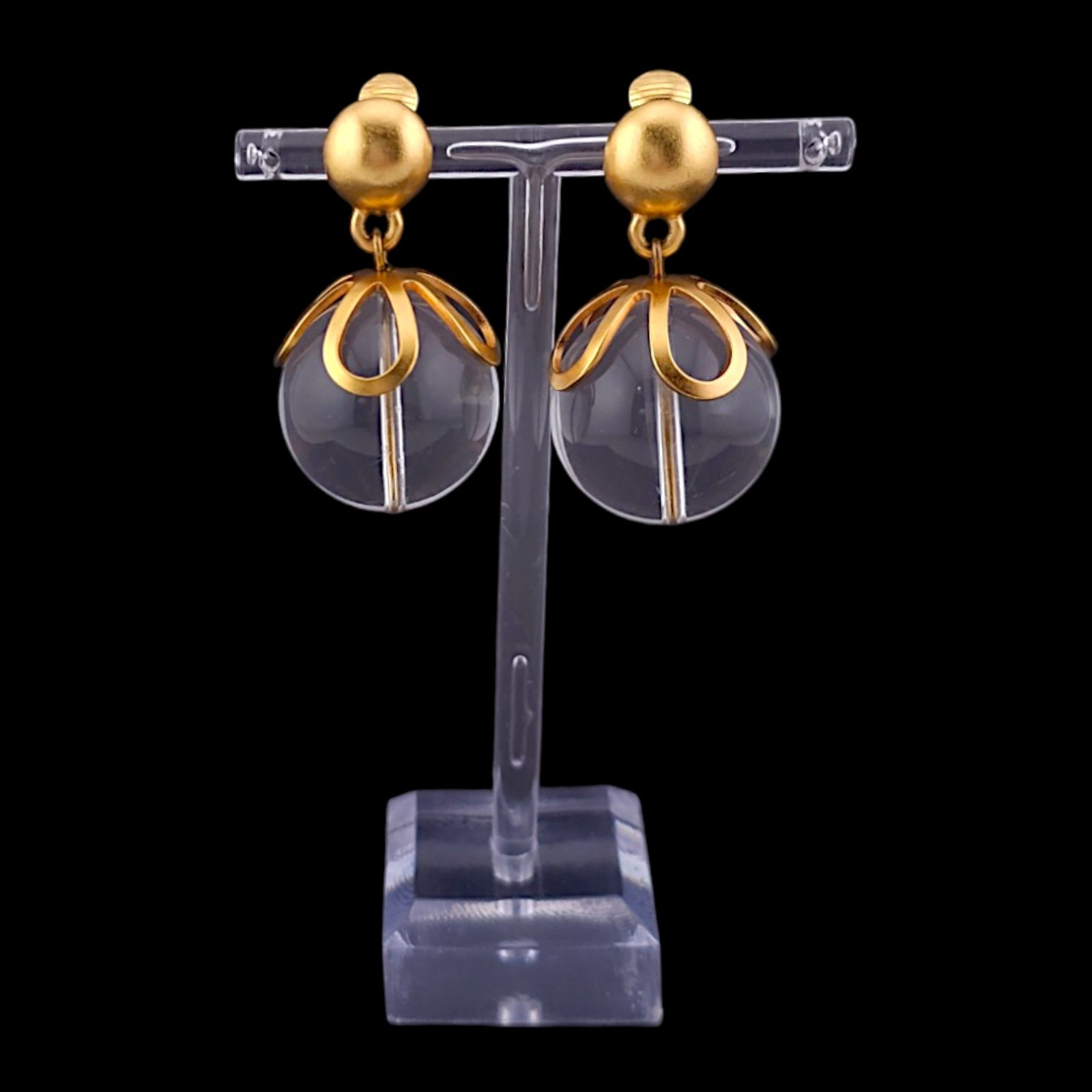 Large Lucite Orb Statement Earrings Gold Fancy Cap Pool of Light Style Retro