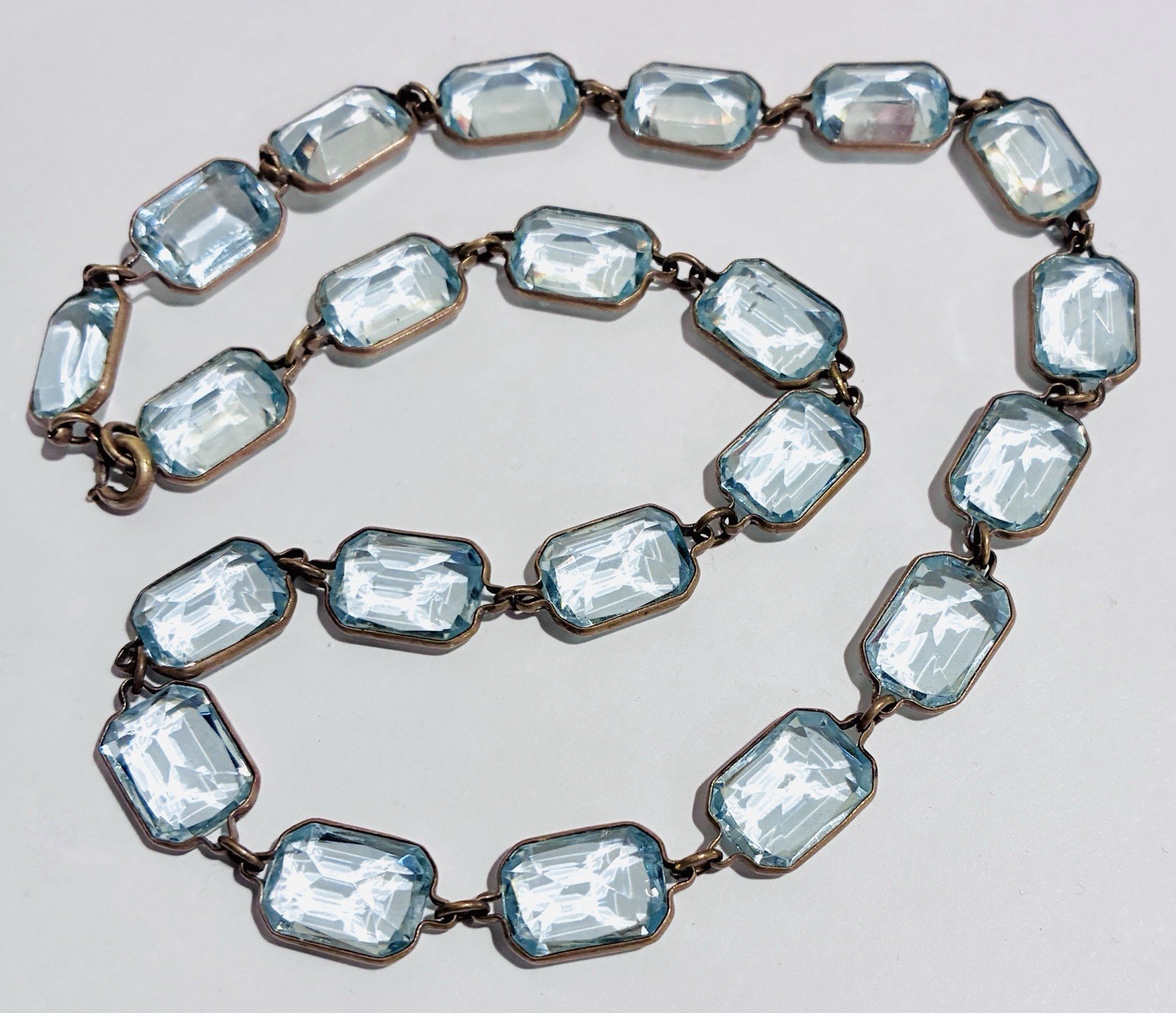 VTG CZECH Blue Bezel Set Rectangle Faceted Crystal GF Brass RIVIÈRE NECKLACE