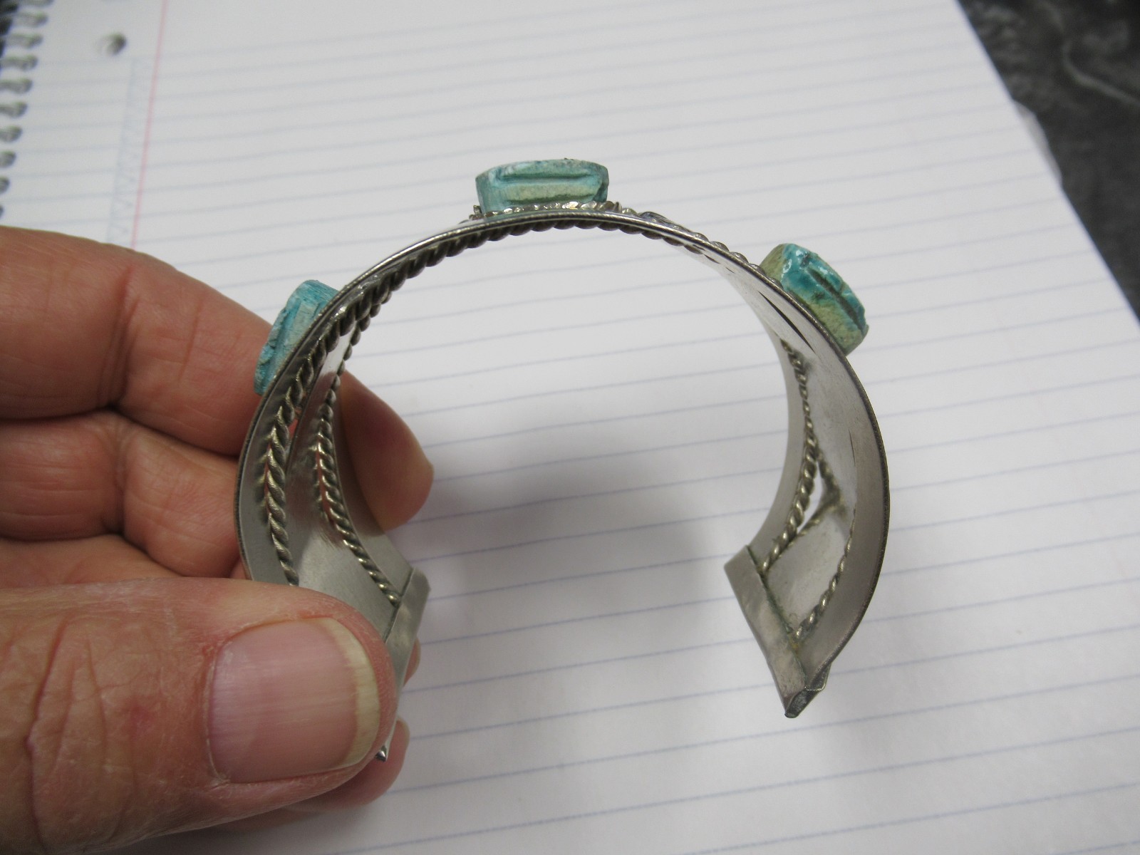 Vintage Made in Egypt Egyptian Faience 3 Scarab Costume Jewelry Cuff Bracelet
