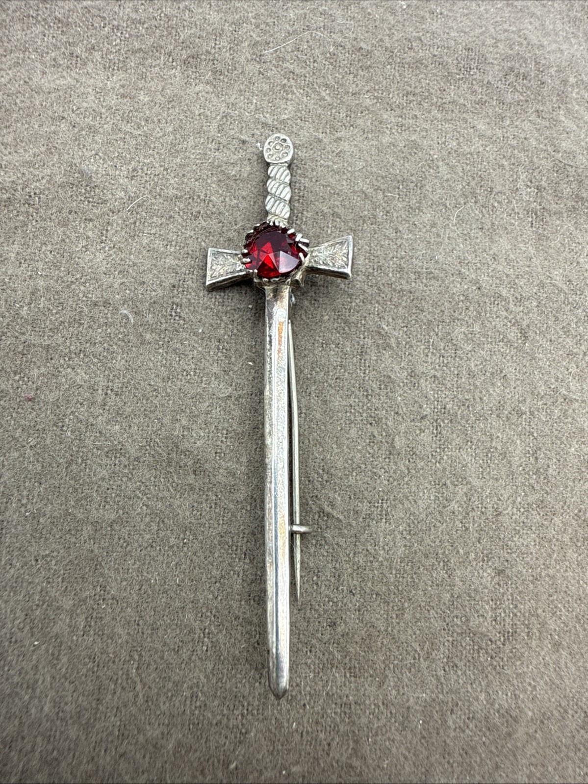 Vintage Sterling Silver Kilt Pin Cross Red Rhinestone Made in Great Britain