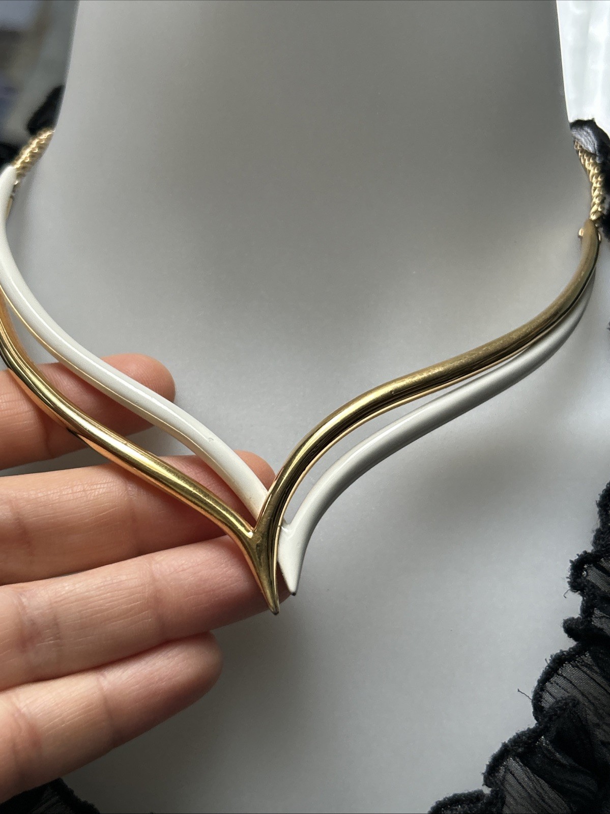 Vintage Monet Double V Neck Swirl Choker Necklace Two Tone Gold Off White Signed