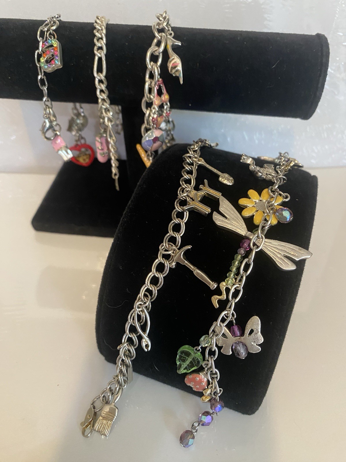 Vintage Charm Bracelets 5pc Layered Collection Silver Tone Chains 100+ grams