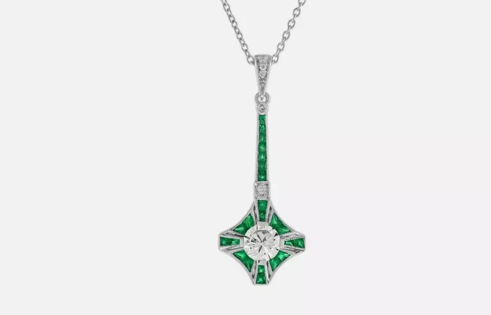 Art Deco Lab-Created Emerald Diamond Engagement Pendant In 925 Sterling Silver