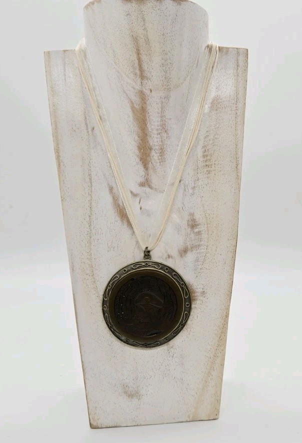 Carved Phoenix Medallion Pendant Necklace Ribbon Statement Vintage 18 in