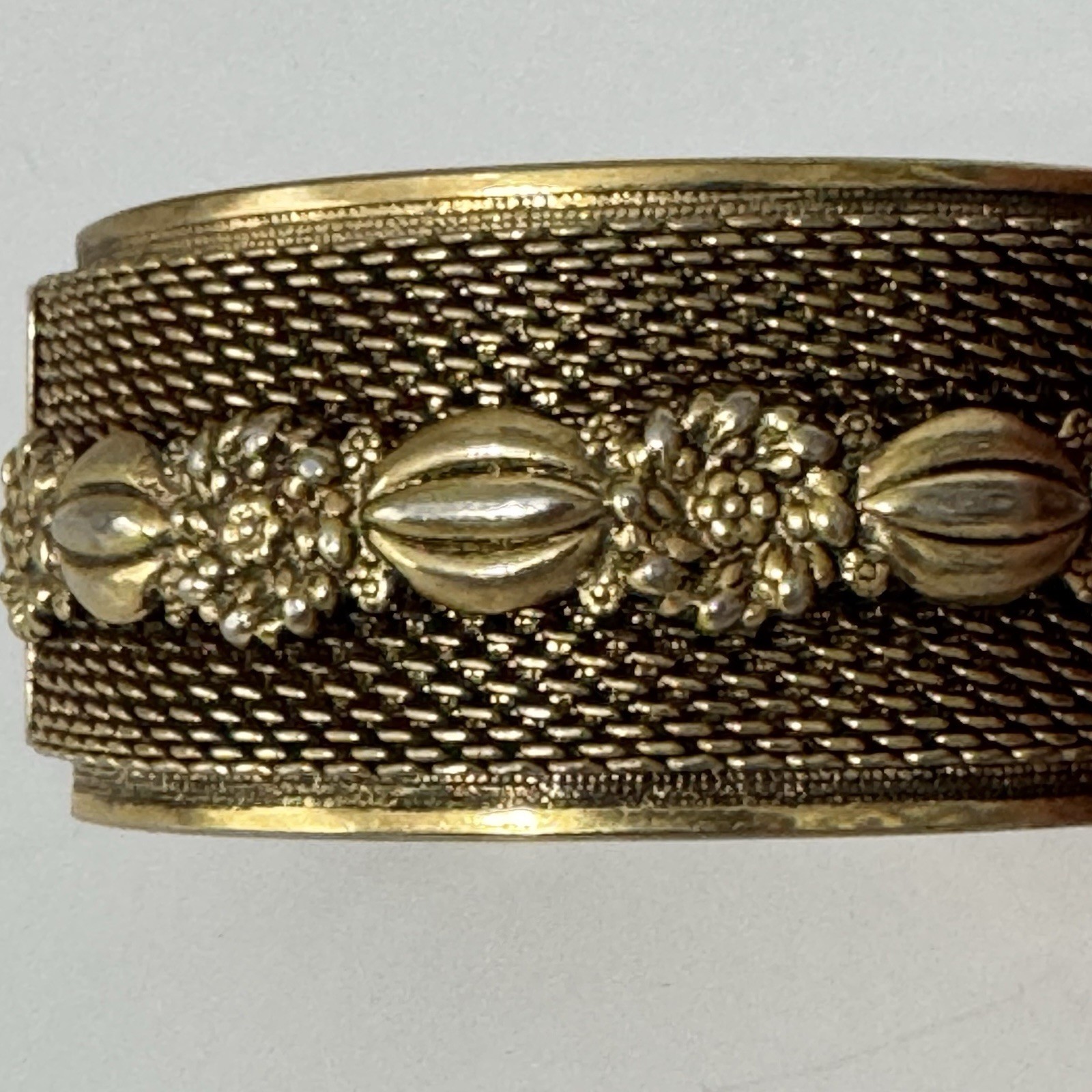 Wide Brass Gold Tone Victorian Revival Style Floral Bangle Hinged Cuff Bracelet