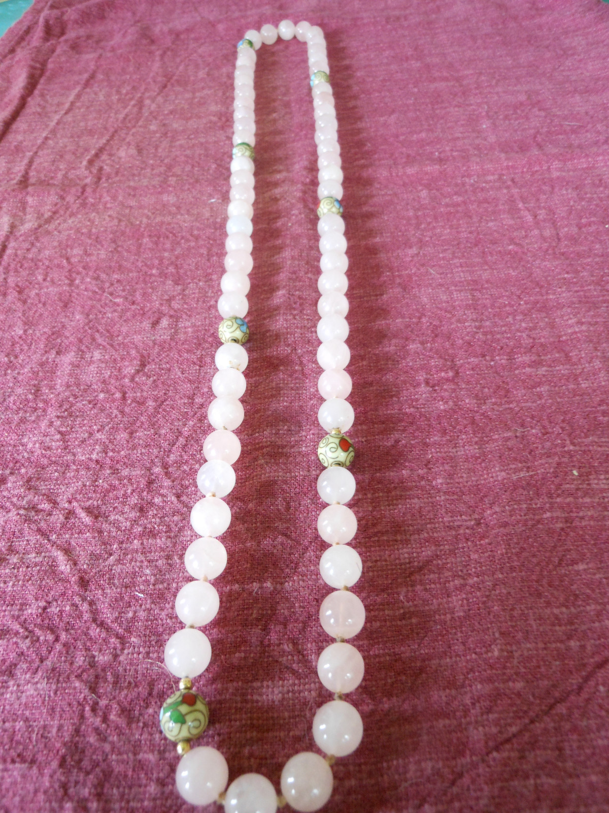Rose Quartz Necklace with Cloisonne Beads Hand Knotted-Yes
