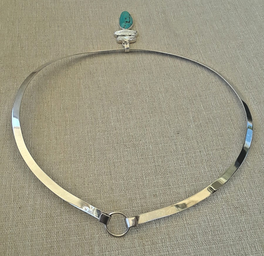 Vintage Mexico Sterling Solid Hook Open Collar Necklace MOP Turquoise Pendant