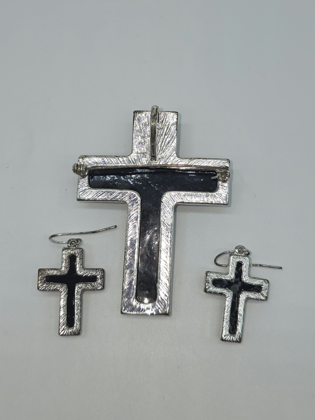 Cross Pendant Brooch Matching Earrings Siver Tone Black Rhinestones