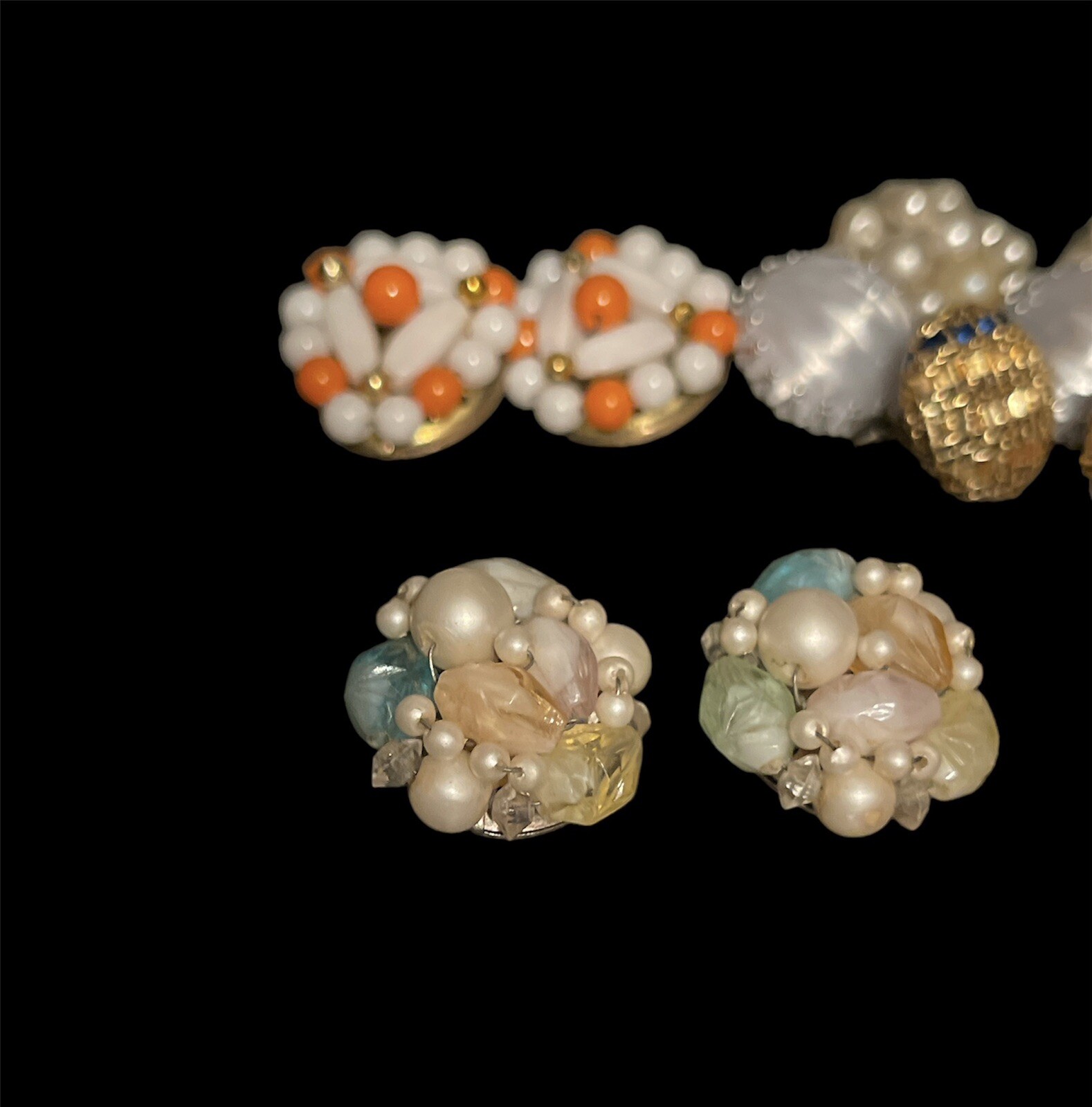 Vintage Beaded Cluster Clip On Estate Earring Lot 1950s Jewelry Hong Kong Japan