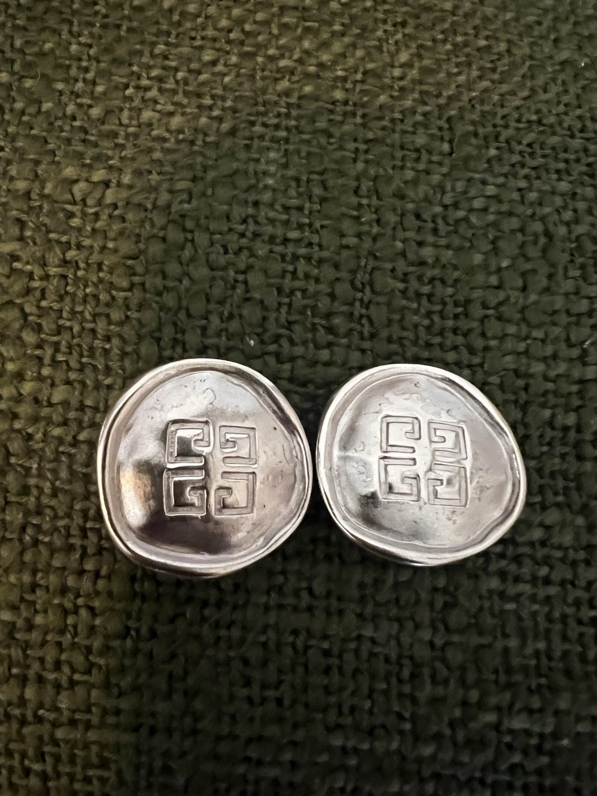 Vintage 80s Givenchy Clip On Earrings 4G Logo OLD MONEY Signed Satin Silver Tone