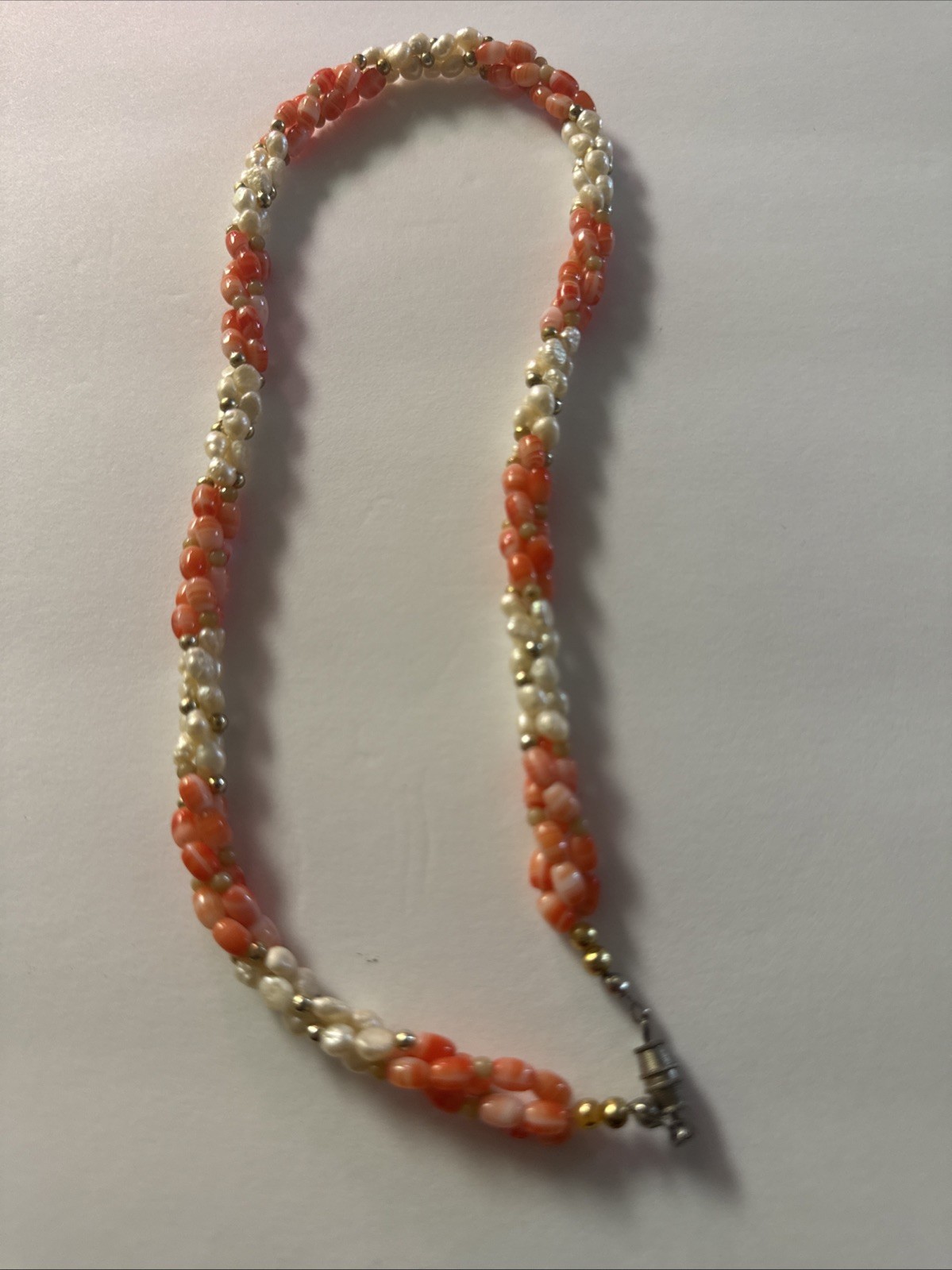 Vintage multi-strand necklace, natural pink coral chip beads and white pearls