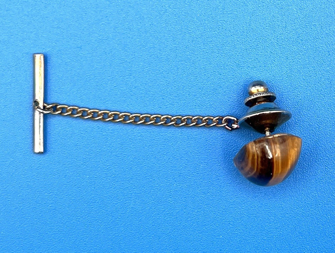 Tiger’s Eye Tie Chain Tie Tack w/ Chain & T-Bar Back Silver 2in Men’s