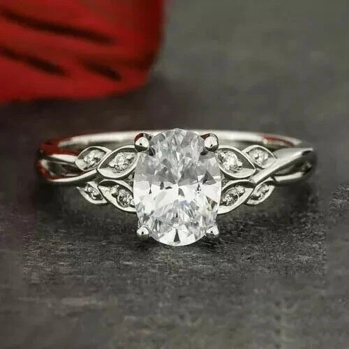 Art Deco Vintage 1.5Ct Oval Lab Created Diamond 14K White Gold FN Wedding Ring