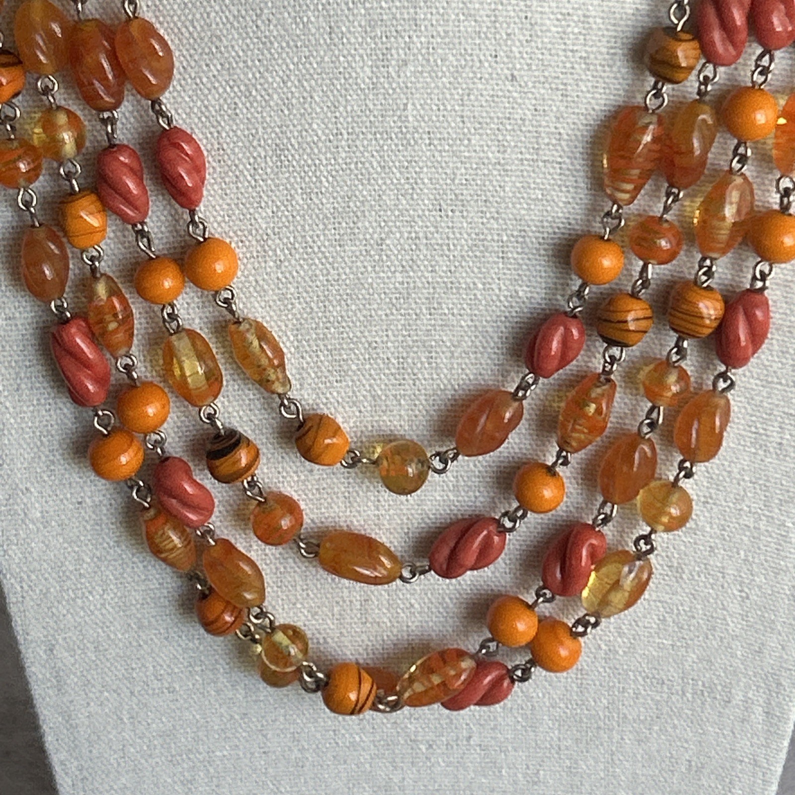 Multi Strand Glass Bead Necklace Orange Yellow Coral Vintage Statement Jewelry